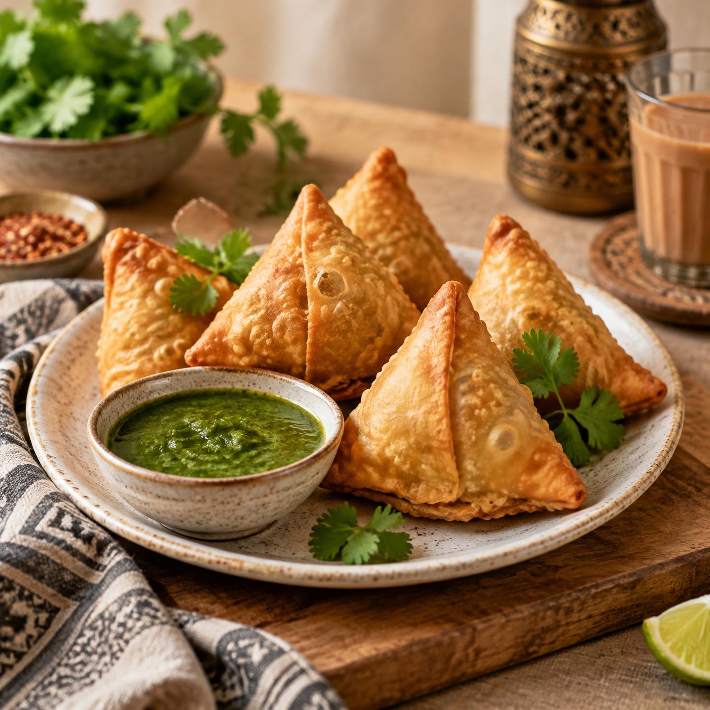 Golden homemade samosas on a ceramic plate with green chutney