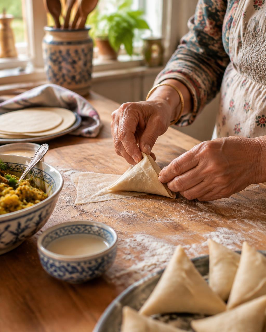 Hands folding homemade samosa pastry in a family kitchen